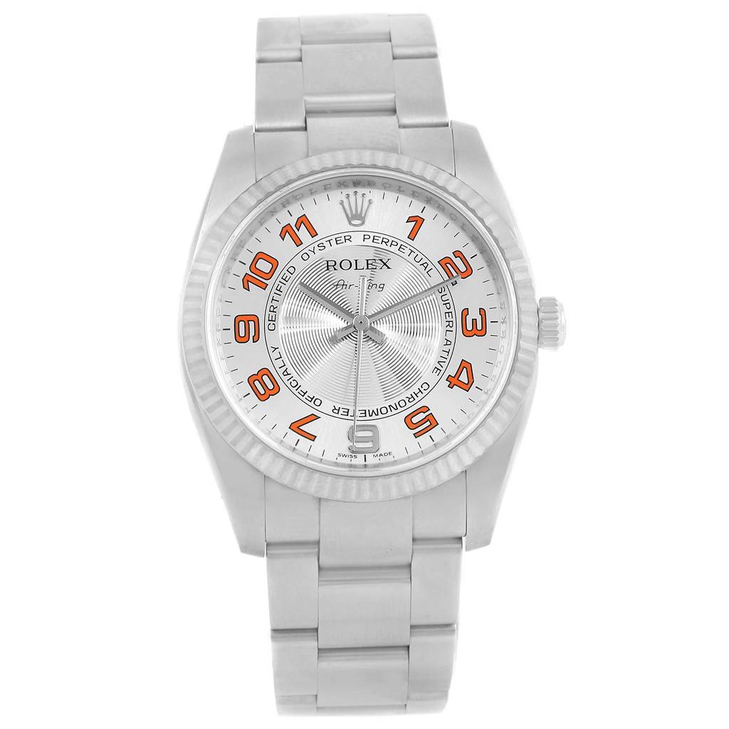 The Rolex Air-King 114234 Men's Stainless Steel Silver Dial 114234 Men's Stainless Steel Silver Dial watch is shown from a top-down angle, highlighting its dial, case, and bracelet.