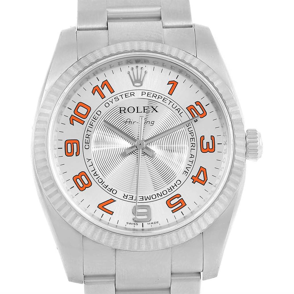 The image shows a front view of the Rolex Air-King 114234 Men's Stainless Steel Silver Dial 114234 Men's Stainless Steel Silver Dial watch, highlighting the dial, hands, crown, and bracelet.
