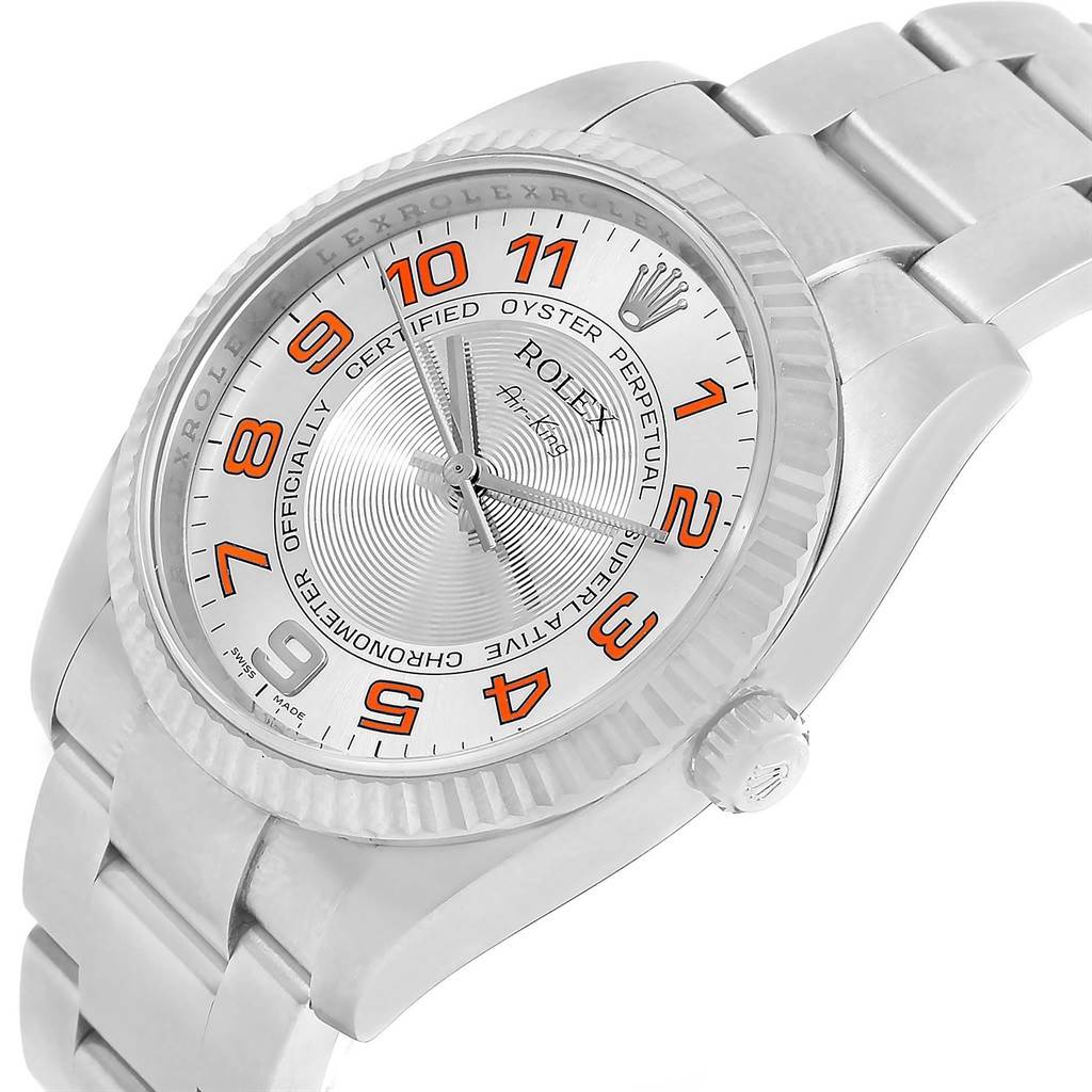 The Rolex Air-King 114234 Men's Stainless Steel Silver Dial 114234 Men's Stainless Steel Silver Dial watch is shown at an angle, displaying the face, bezel, crown, and part of the bracelet.