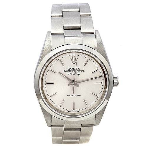This image shows a front view of the Rolex Air-King 14000M Men's Stainless Steel Silver Dial 14000M Men's Stainless Steel Silver Dial watch, displaying its dial, case, bracelet, and crown.