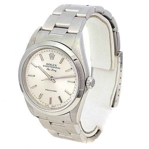 The image shows a Rolex Air-King 14000M Men's Stainless Steel Silver Dial 14000M Men's Stainless Steel Silver Dial watch, displaying the face, bezel, crown, and stainless steel bracelet at an angled view.
