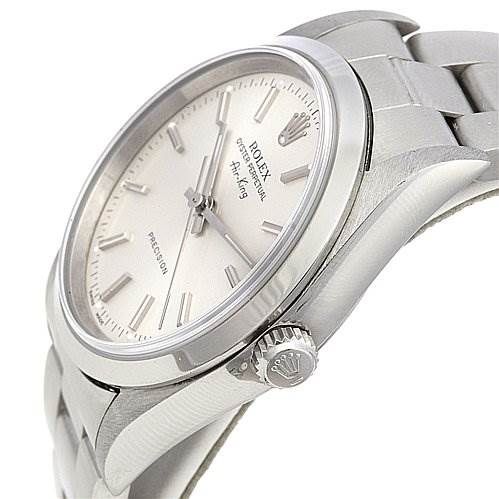 This image shows a side and partial front view of a Rolex Air-King 14000M Men's Stainless Steel Silver Dial 14000M Men's Stainless Steel Silver Dial watch, highlighting the crown, case, and part of the bracelet.