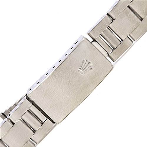 This image shows the stainless steel bracelet and clasp of the Rolex Air-King 14000M Men's Stainless Steel Silver Dial 14000M Men's Stainless Steel Silver Dial watch.