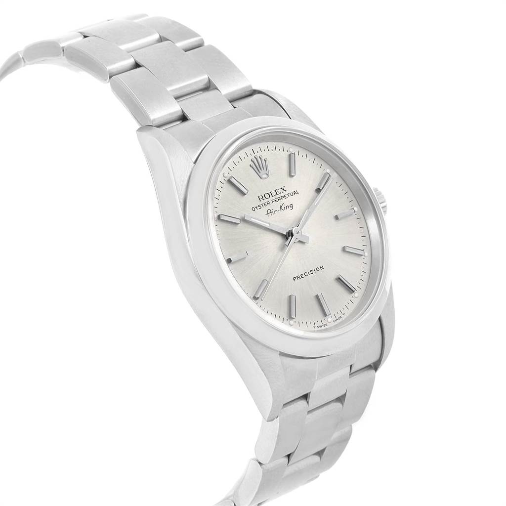 The image shows a Rolex Air-King 14000 Men's Stainless Steel Silver Dial 14000 Men's Stainless Steel Silver Dial watch from a three-quarter angle, highlighting its silver dial, case, and bracelet.