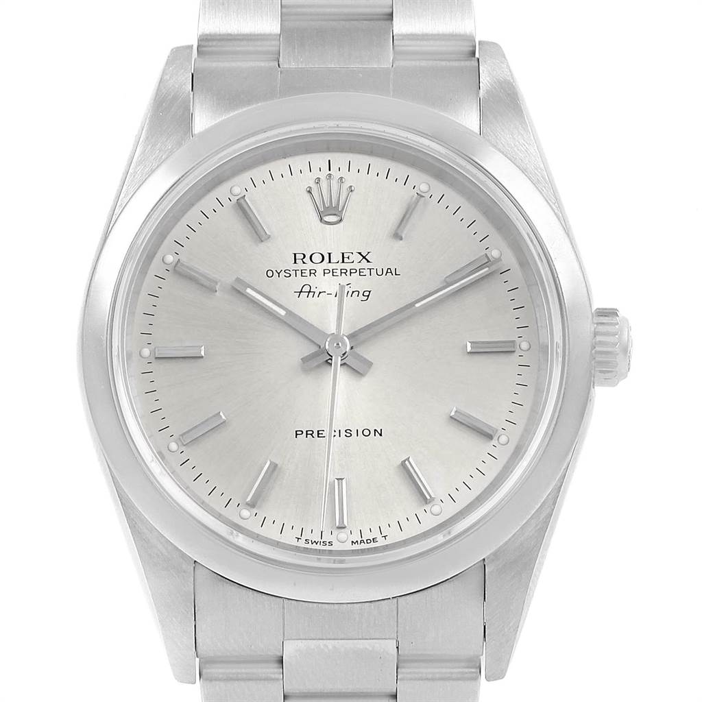 This image shows a front-facing view of the Rolex Air-King 14000 Men's Stainless Steel Silver Dial 14000 Men's Stainless Steel Silver Dial watch, highlighting the dial, hands, crown, and part of the bracelet.