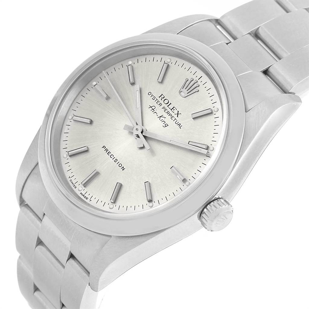 The image shows a Rolex Air-King 14000 Men's Stainless Steel Silver Dial 14000 Men's Stainless Steel Silver Dial watch angled to display the face, crown, and stainless steel bracelet.
