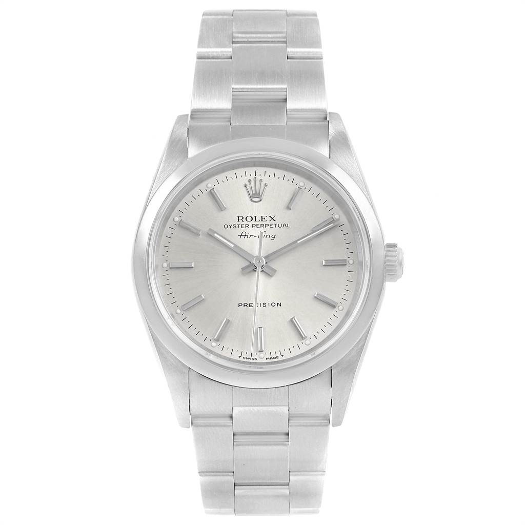 This image shows a frontal view of the Rolex Air-King 14000 Men's Stainless Steel Silver Dial 14000 Men's Stainless Steel Silver Dial watch, displaying its face, bezel, and bracelet.