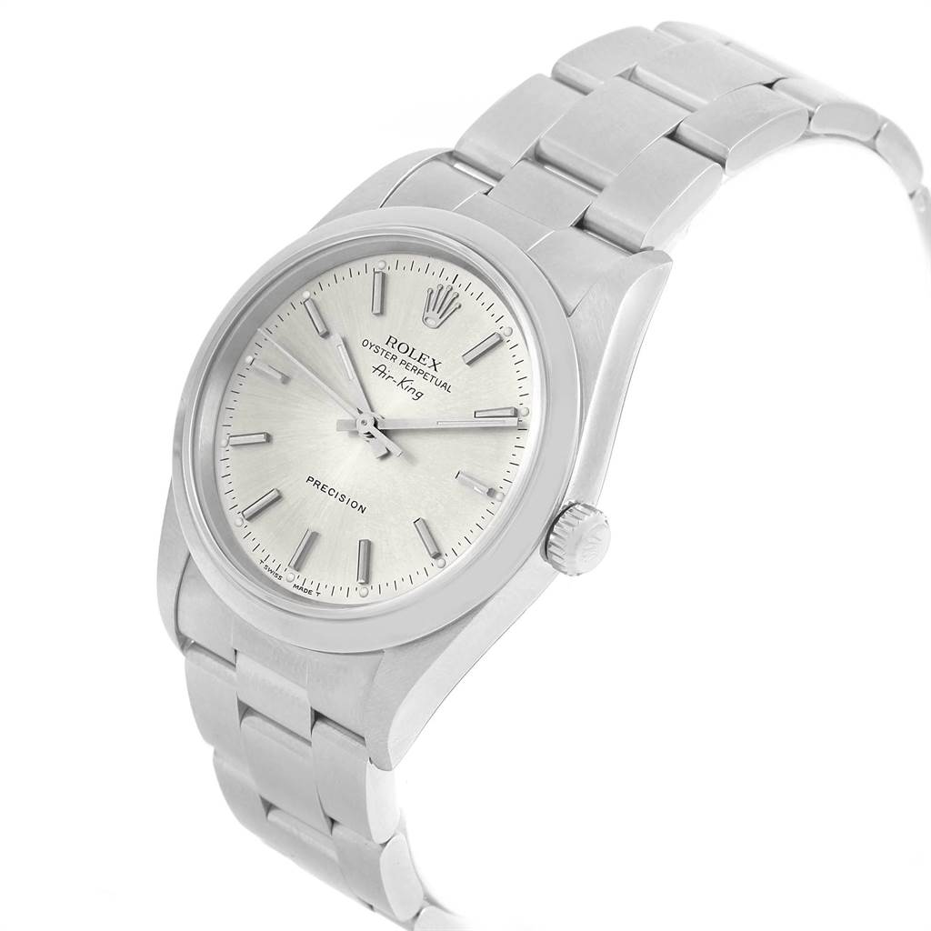 The Rolex Air-King 14000 Men's Stainless Steel Silver Dial 14000 Men's Stainless Steel Silver Dial watch is shown at a slight angle, highlighting the dial, crown, and part of the bracelet.