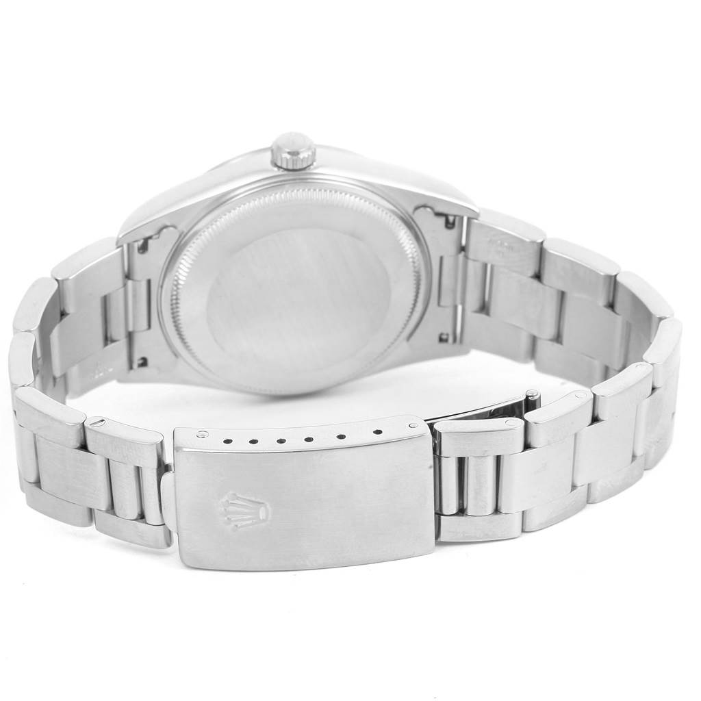 The image shows the back view of the Rolex Air-King 14000 Men's Stainless Steel Blue Dial 14000 Men's Stainless Steel Blue Dial watch, highlighting its clasp, bracelet, and case back.