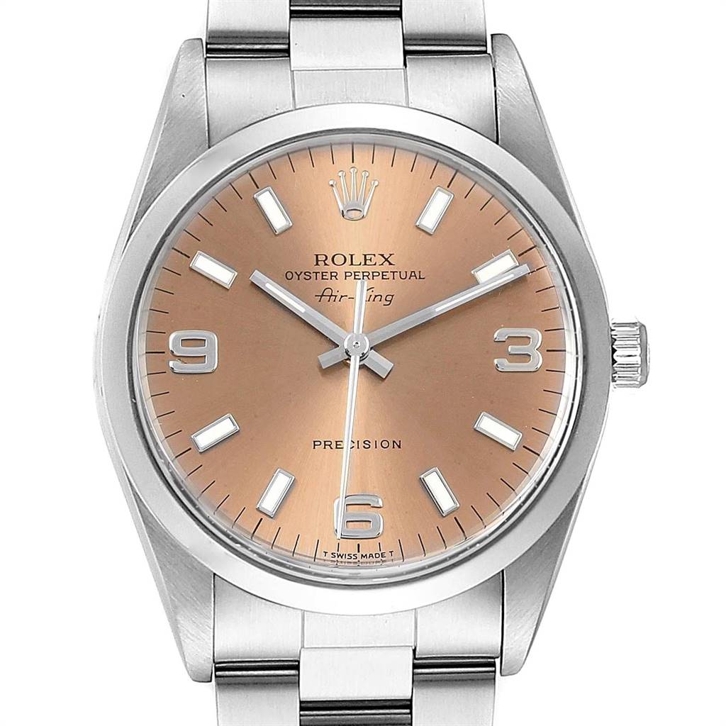 The image shows a frontal view of the Rolex Air-King 14000 Men's Stainless Steel Pink Dial 14000 Men's Stainless Steel Pink Dial watch, highlighting the dial, hands, crown, and bracelet.
