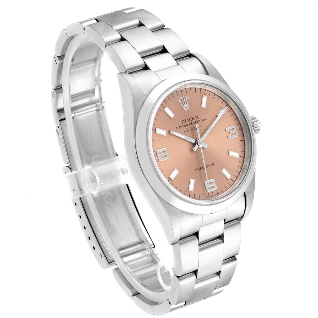 This image shows a Rolex Air-King 14000 Men's Stainless Steel Pink Dial 14000 Men's Stainless Steel Pink Dial watch angled from the front-left, displaying its face, bezel, and bracelet.