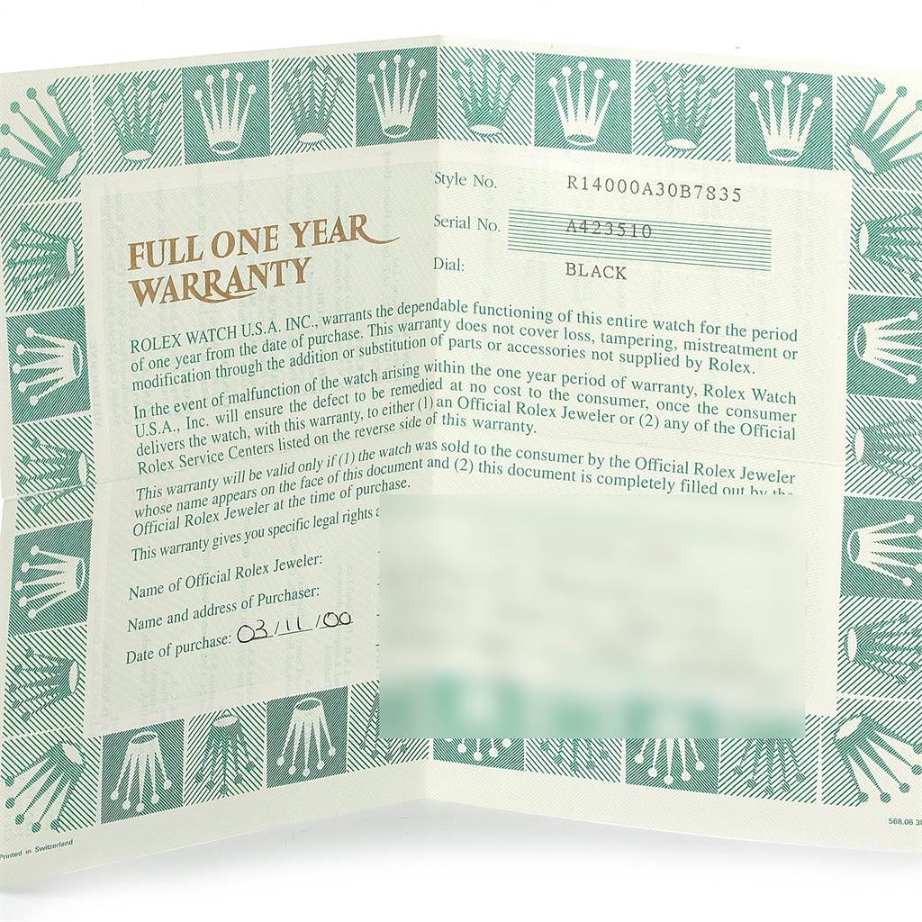 The image shows a warranty booklet for the Rolex Air-King 14000 Men's Stainless Steel Black Dial 14000 Men's Stainless Steel Black Dial watch model, featuring the brand's logo and warranty details.