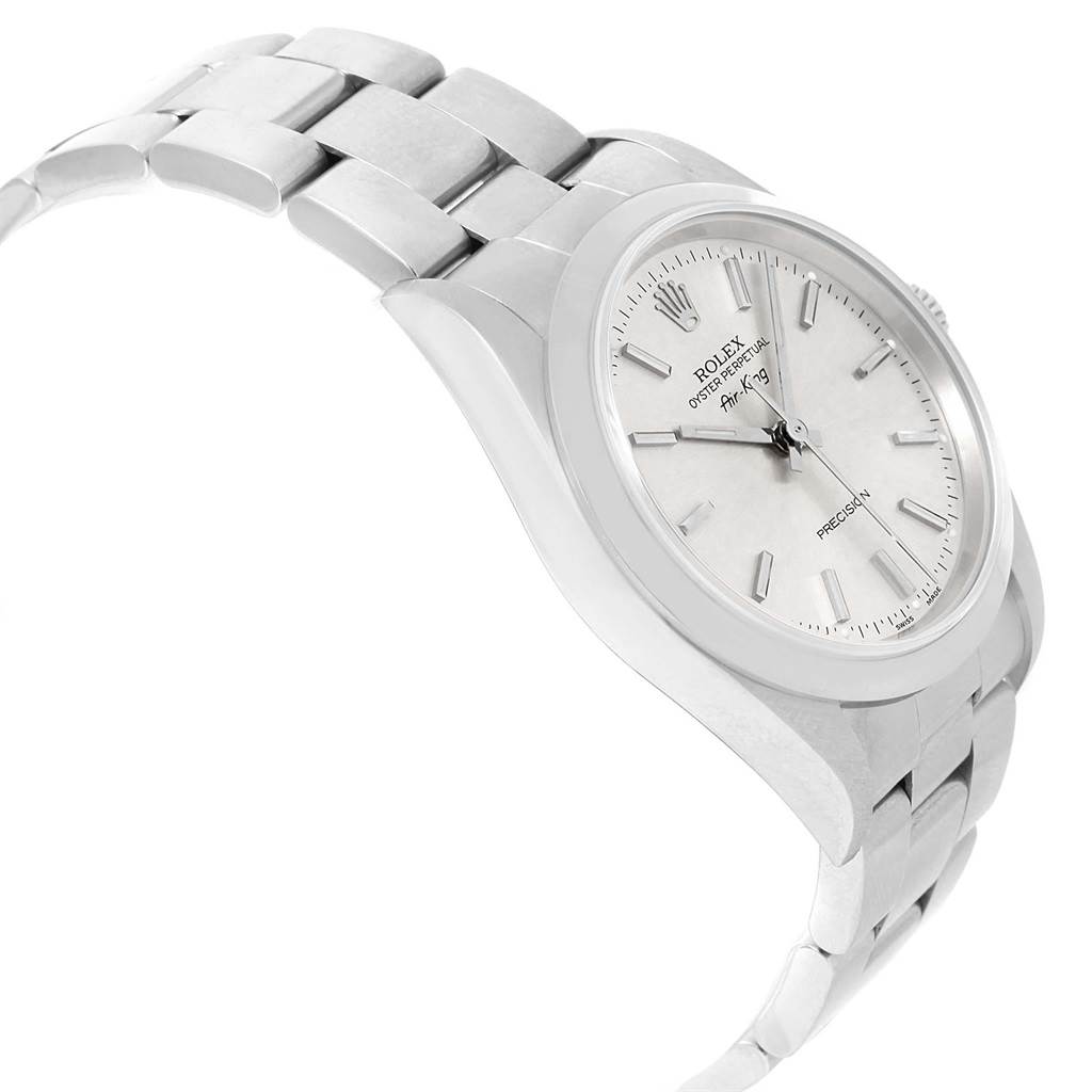 The image shows a side-angle view of the Rolex Air-King 14000 Men's Stainless Steel Silver Dial 14000 Men's Stainless Steel Silver Dial watch, highlighting its bracelet, bezel, and dial.