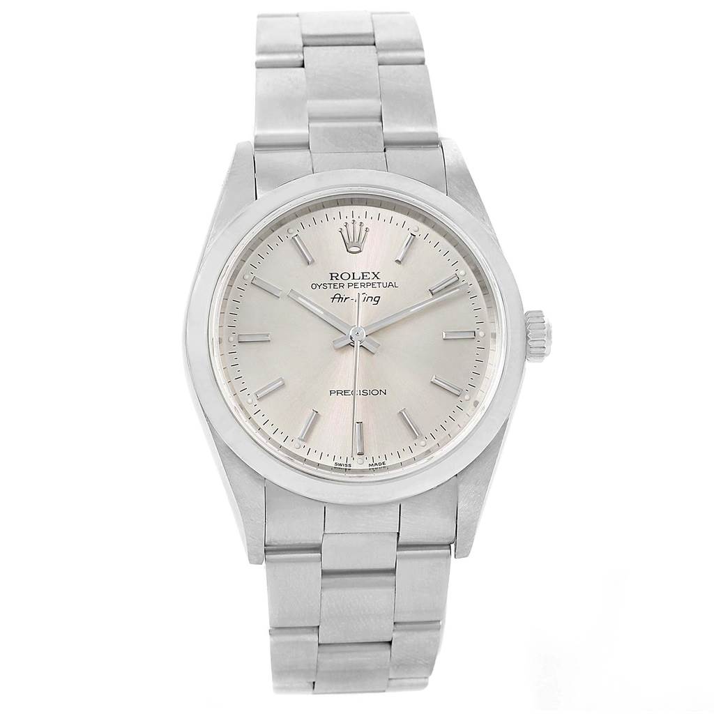 The Rolex Air-King 14000 Men's Stainless Steel Silver Dial 14000 Men's Stainless Steel Silver Dial watch is shown from a front angle, displaying the full face, bezel, crown, and part of the bracelet.