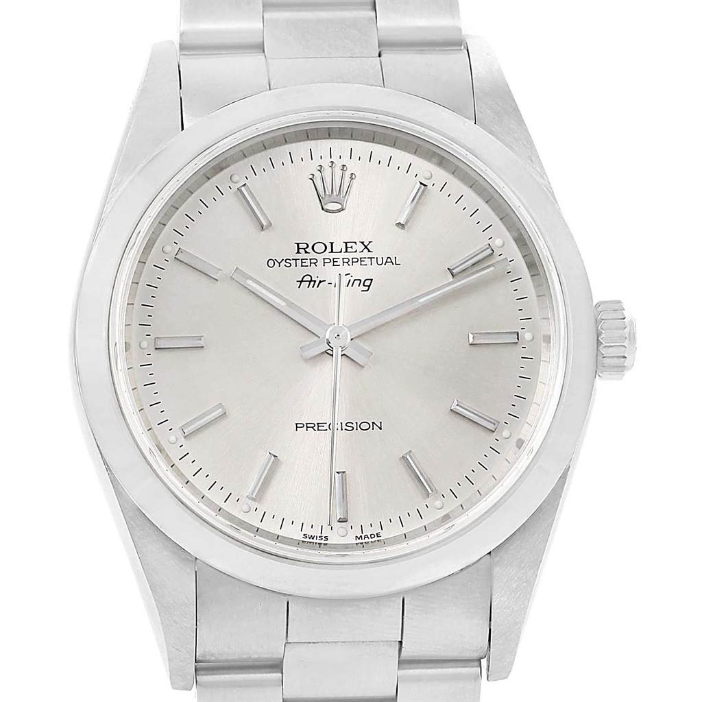 The image shows a front view of the Rolex Air-King 14000 Men's Stainless Steel Silver Dial 14000 Men's Stainless Steel Silver Dial watch, highlighting its face, dial, hands, and band.