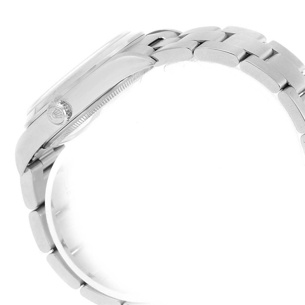 This side view shows the crown, case, and bracelet of a Rolex Air-King 14000 Men's Stainless Steel Silver Dial 14000 Men's Stainless Steel Silver Dial watch.