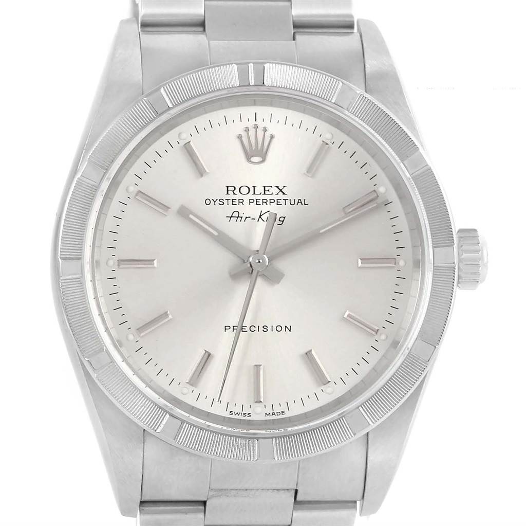 The image shows a front view of a Rolex Air-King 14010 Men's Stainless Steel Silver Dial 14010 Men's Stainless Steel Silver Dial watch, highlighting the dial, hands, crown, and part of the bracelet.