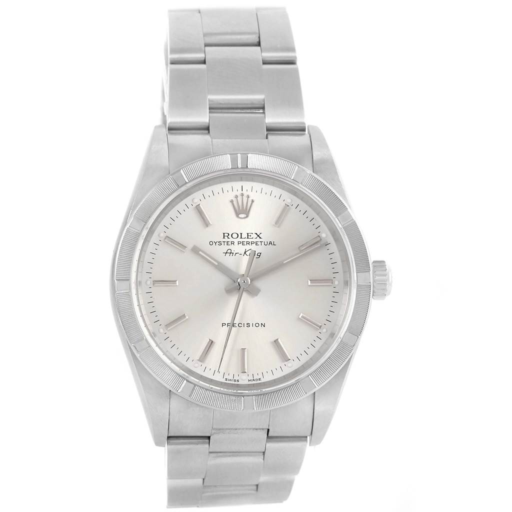 This image shows a frontal view of the Rolex Air-King 14010 Men's Stainless Steel Silver Dial 14010 Men's Stainless Steel Silver Dial watch, displaying the dial, bezel, crown, and bracelet.