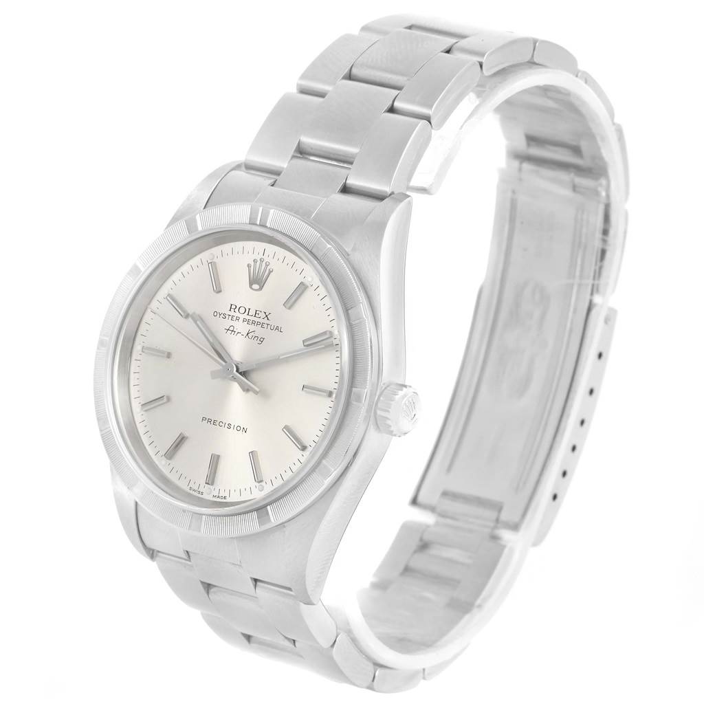 The image shows a Rolex Air-King 14010 Men's Stainless Steel Silver Dial 14010 Men's Stainless Steel Silver Dial watch from a front angle, highlighting the dial, bracelet, and crown.