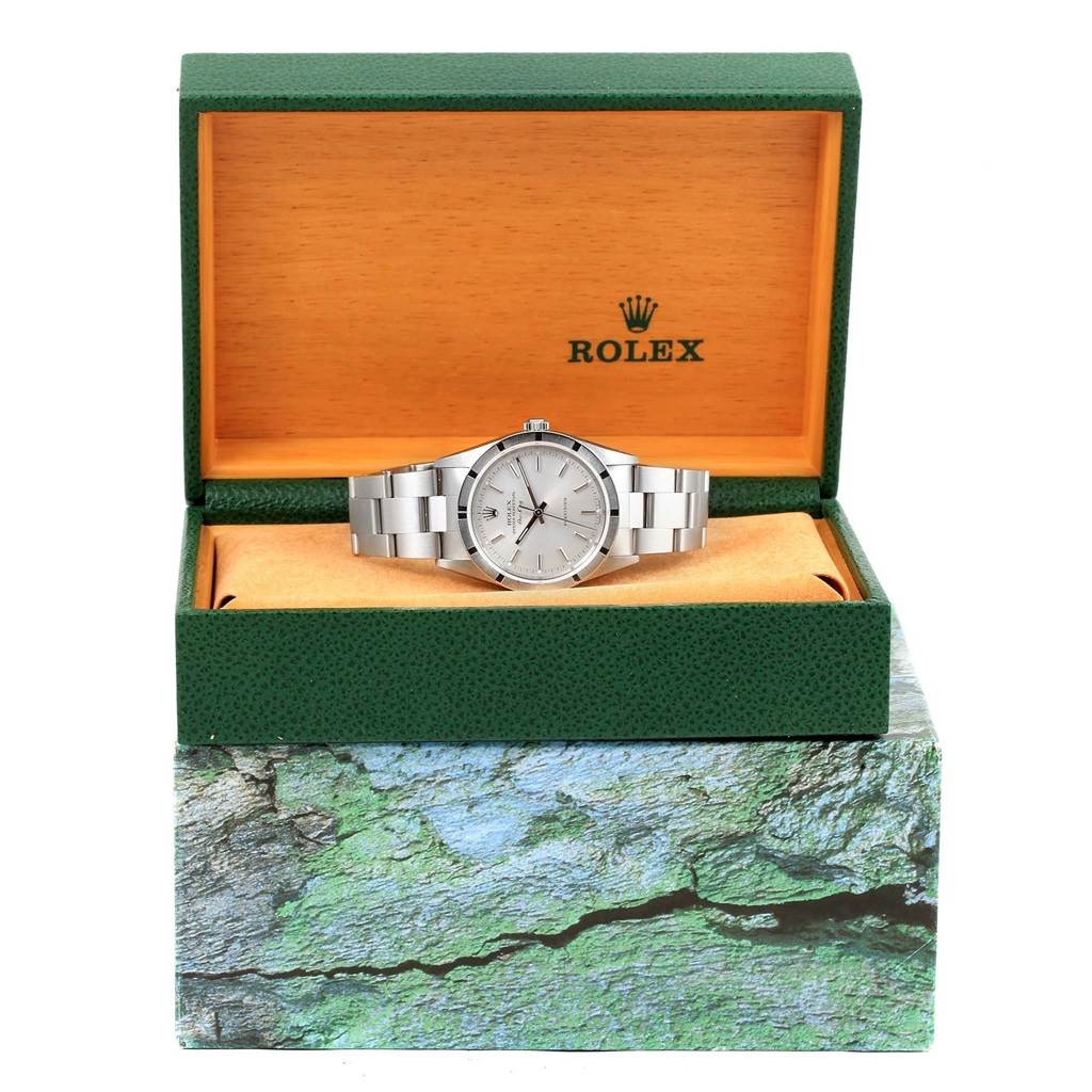 The photo shows a Rolex Air-King 14010 Men's Stainless Steel Silver Dial 14010 Men's Stainless Steel Silver Dial watch displayed in an open green Rolex box, viewed from the front.