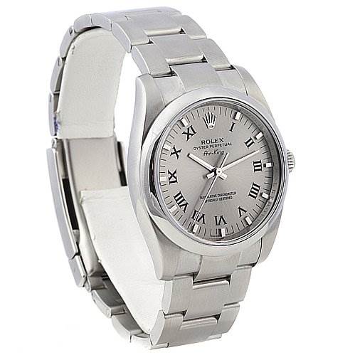 This image shows the Rolex Air-King 114200 Men's Stainless Steel Silver Dial 114200 Men's Stainless Steel Silver Dial watch at a three-quarter angle, highlighting its silver dial, Roman numerals, and metal bracelet.