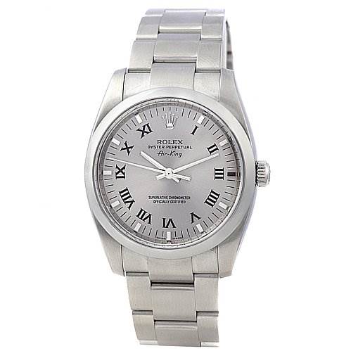 The image shows a frontal view of a Rolex Air-King 114200 Men's Stainless Steel Silver Dial 114200 Men's Stainless Steel Silver Dial watch, displaying its silver dial, Roman numeral markers, and stainless steel bracelet.