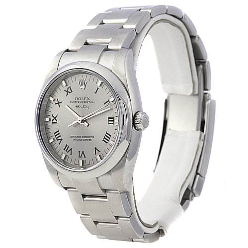 The Rolex Air-King 114200 Men's Stainless Steel Silver Dial 114200 Men's Stainless Steel Silver Dial watch is shown at a front angle, displaying the face, bezel, crown, and a portion of the bracelet.