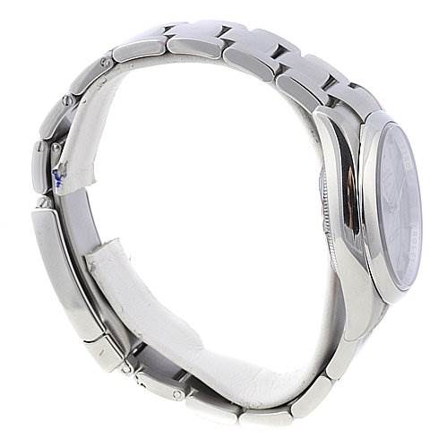 The image shows a side view of a Rolex Air-King 114200 Men's Stainless Steel Silver Dial 114200 Men's Stainless Steel Silver Dial watch, highlighting the bracelet, case, and crown.