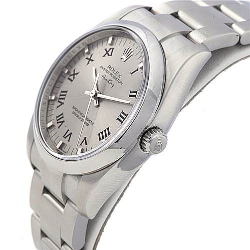 The image shows a side angle of a Rolex Air-King 114200 Men's Stainless Steel Silver Dial 114200 Men's Stainless Steel Silver Dial watch, highlighting the stainless steel case, crown, and part of the bracelet.