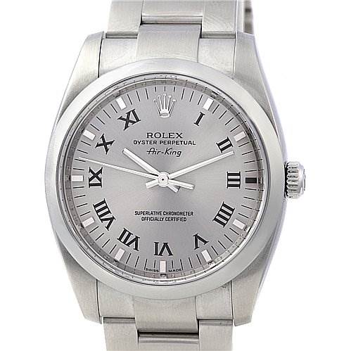 The image shows a front view of a Rolex Air-King 114200 Men's Stainless Steel Silver Dial 114200 Men's Stainless Steel Silver Dial watch, displaying its face, bezel, and bracelet links.