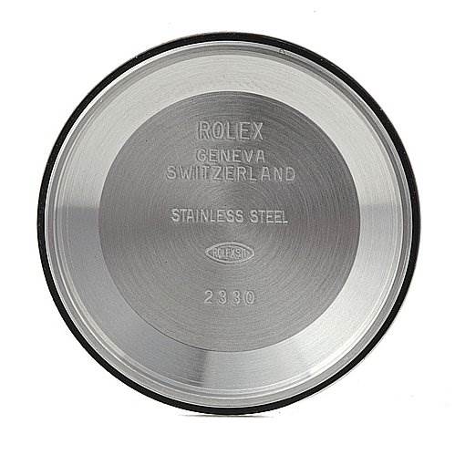 This image shows the inside of the case back from a Rolex Air-King 114200 Men's Stainless Steel Silver Dial 114200 Men's Stainless Steel Silver Dial, with inscriptions including "Rolex," "Geneva Switzerland," and "Stainless Steel."