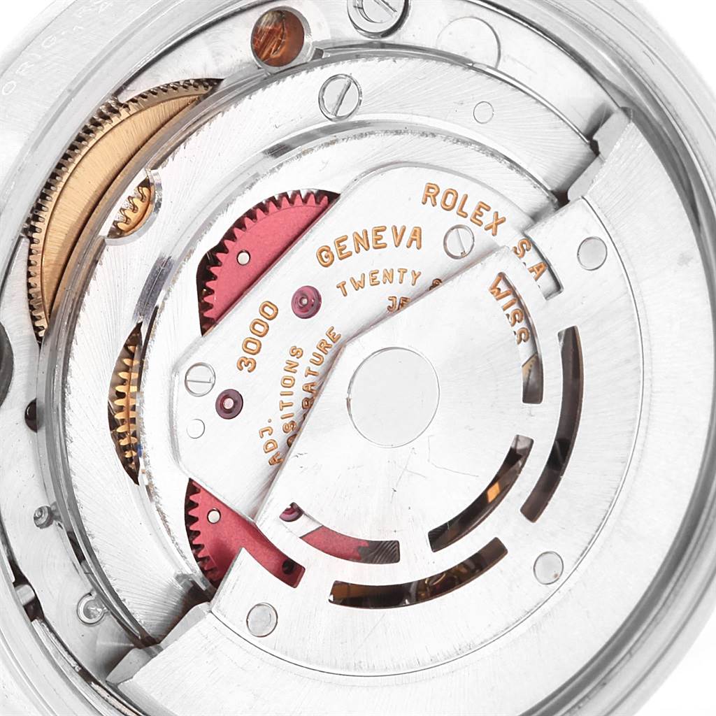 This is a close-up view of the movement mechanism of a Rolex Air-King 14000 Men's Stainless Steel Blue Dial 14000 Men's Stainless Steel Blue Dial watch.