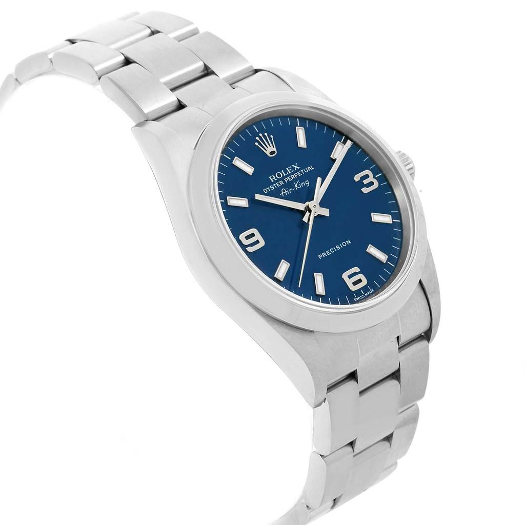 The Rolex Air-King 14000 Men's Stainless Steel Blue Dial 14000 Men's Stainless Steel Blue Dial watch is shown at an angle displaying the face, bracelet, and crown.