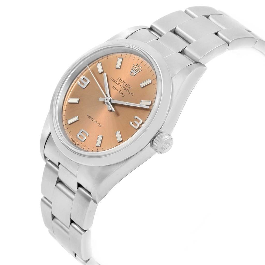 The Rolex Air-King 14000 Men's Stainless Steel Pink Dial 14000 Men's Stainless Steel Pink Dial watch is shown at a slight angle, highlighting the face, crown, and a portion of the bracelet.