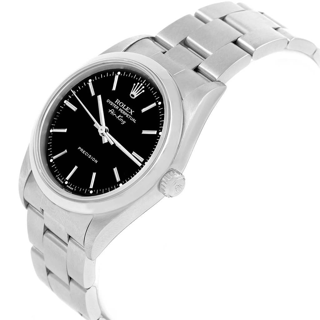 The Rolex Air-King 14000 Men's Stainless Steel Black Dial 14000 Men's Stainless Steel Black Dial watch is shown at a slight angle, displaying the dial, bezel, crown, and stainless steel bracelet.