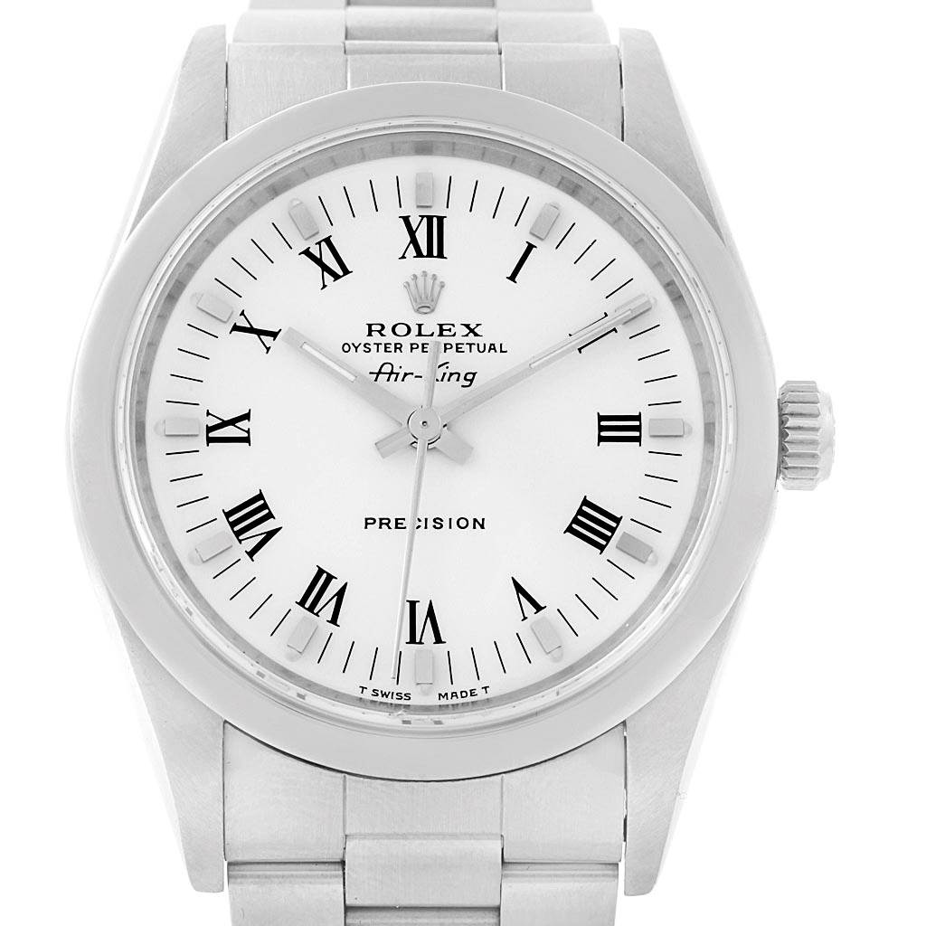 This image shows a front view of the Rolex Air-King 14000 Men's Stainless Steel White Dial 14000 Men's Stainless Steel White Dial watch, displaying the dial, hands, crown, and part of the bracelet.
