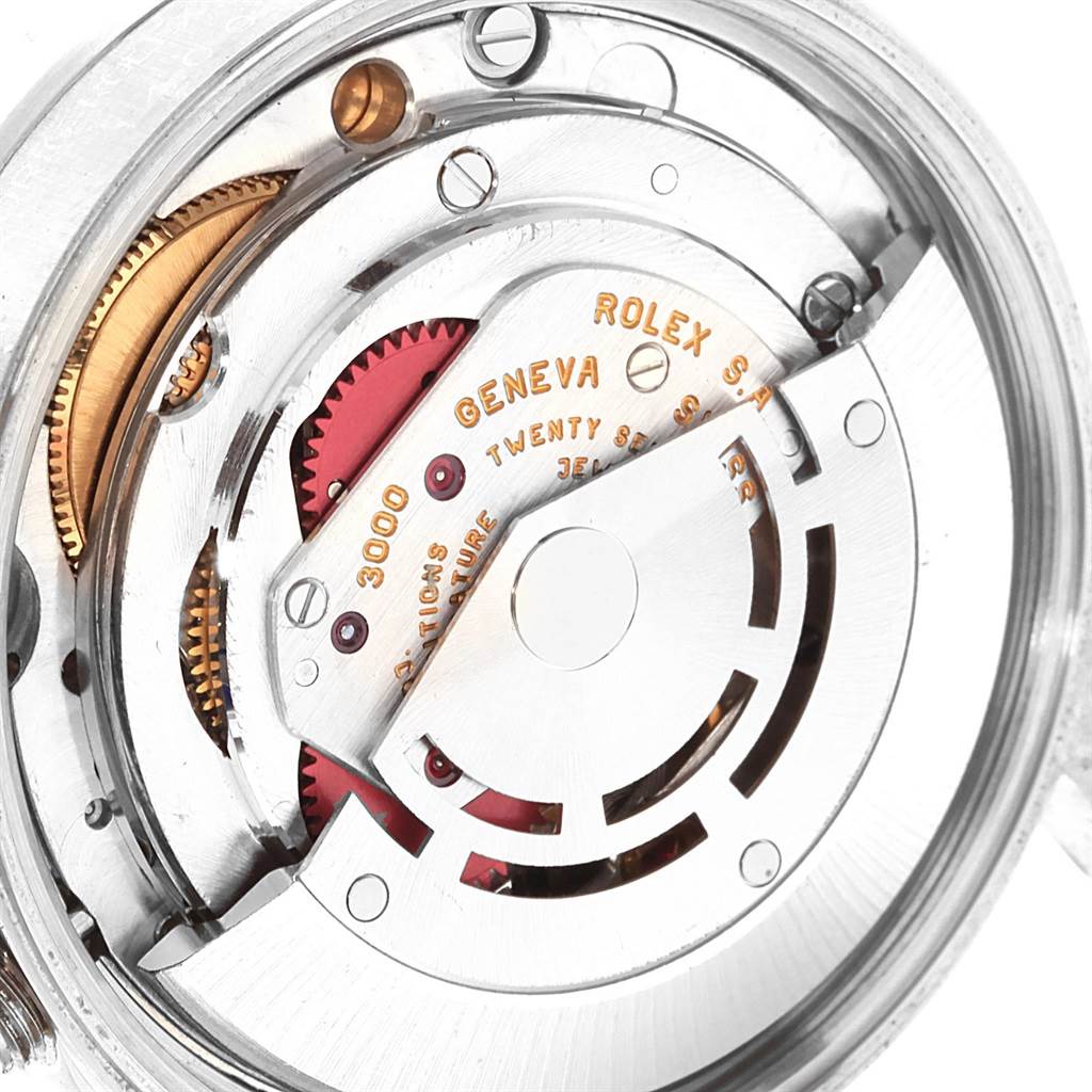 This image shows a close-up view of the internal movement mechanism of a Rolex Air-King 14000 Men's Stainless Steel White Dial 14000 Men's Stainless Steel White Dial watch.