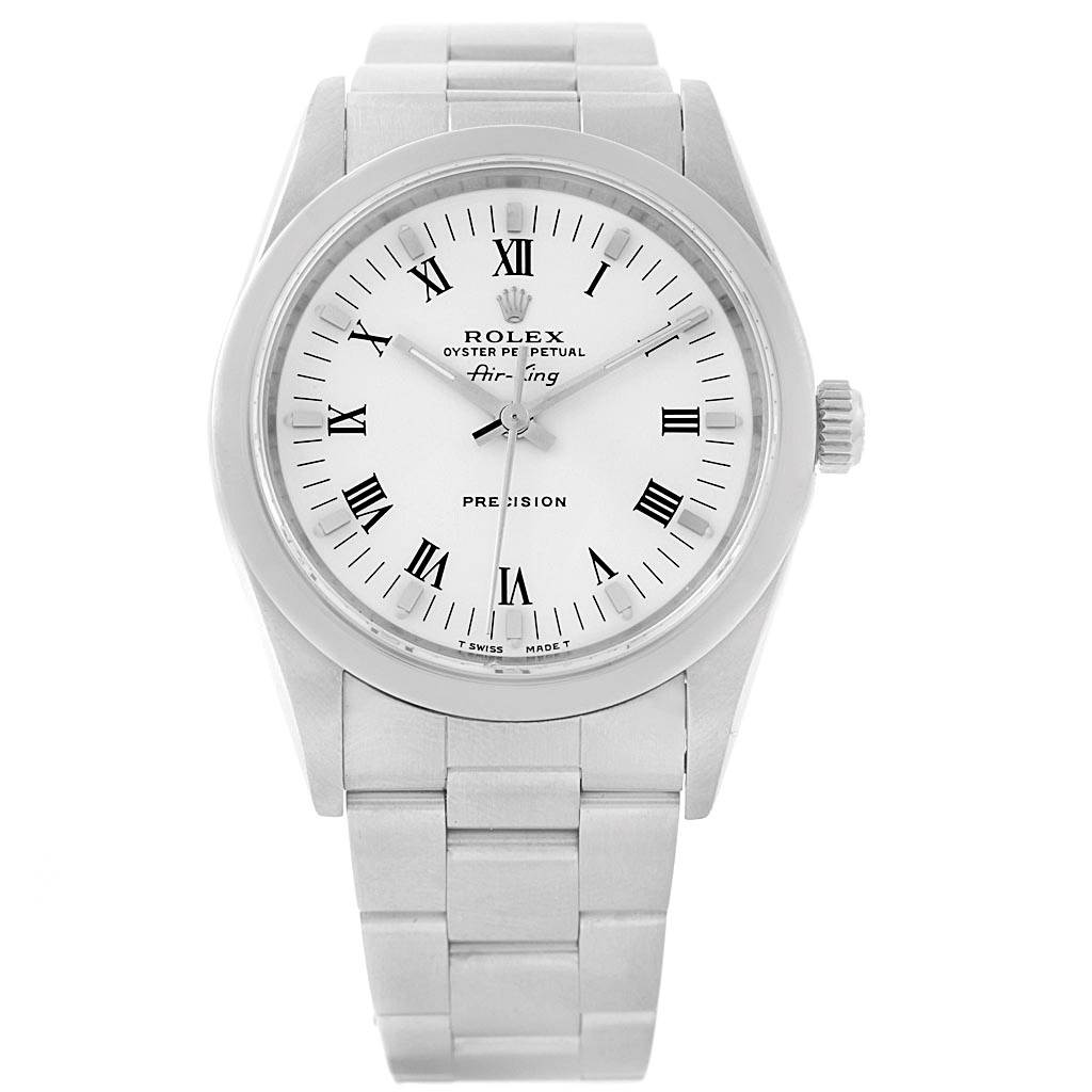 The image shows a frontal view of a Rolex Air-King 14000 Men's Stainless Steel White Dial 14000 Men's Stainless Steel White Dial watch, displaying the dial, bezel, crown, and stainless steel bracelet.