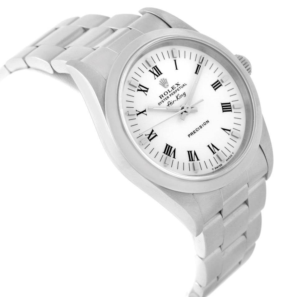 The image shows a Rolex Air-King 14000 Men's Stainless Steel White Dial 14000 Men's Stainless Steel White Dial watch at an angled side view, highlighting the face, bezel, and bracelet.