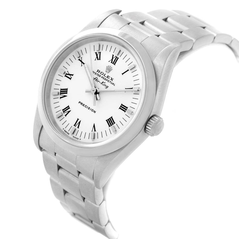 The image shows a Rolex Air-King 14000 Men's Stainless Steel White Dial 14000 Men's Stainless Steel White Dial watch at an angled side view, displaying its face, crown, and stainless steel bracelet.