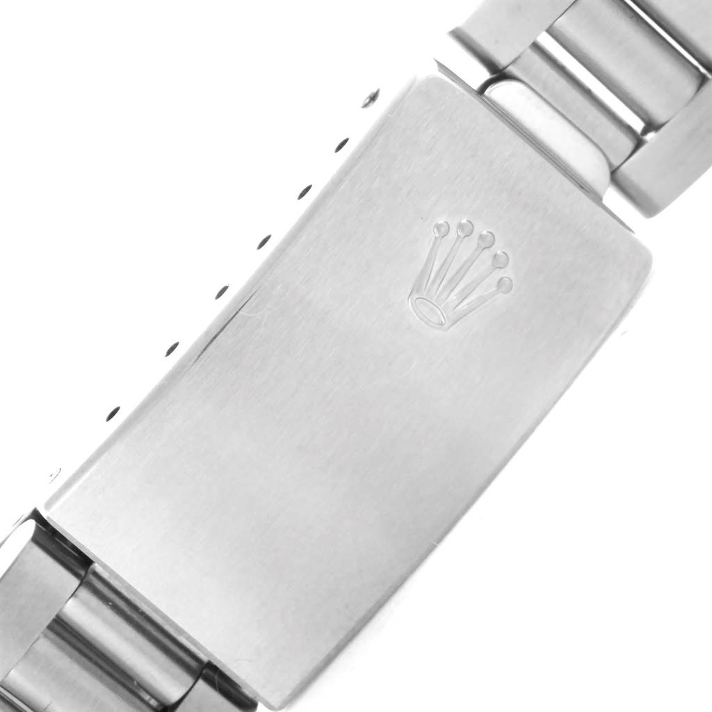 This image shows a close-up of the clasp and part of the bracelet of a Rolex Air-King 14000 Men's Stainless Steel Silver Dial 14000 Men's Stainless Steel Silver Dial watch.