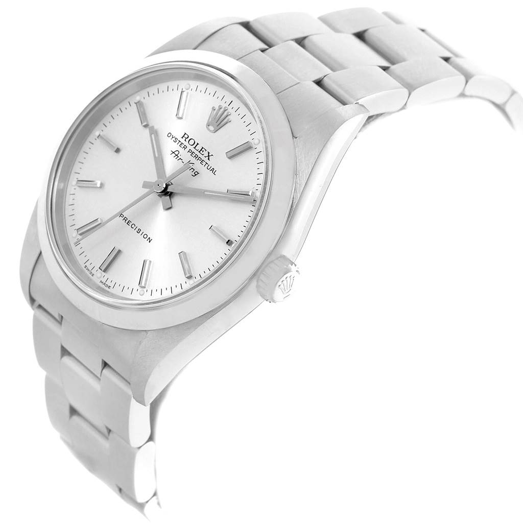 The image shows a Rolex Air-King 14000 Men's Stainless Steel Silver Dial 14000 Men's Stainless Steel Silver Dial watch from a side angle, highlighting the silver dial, case, and bracelet.
