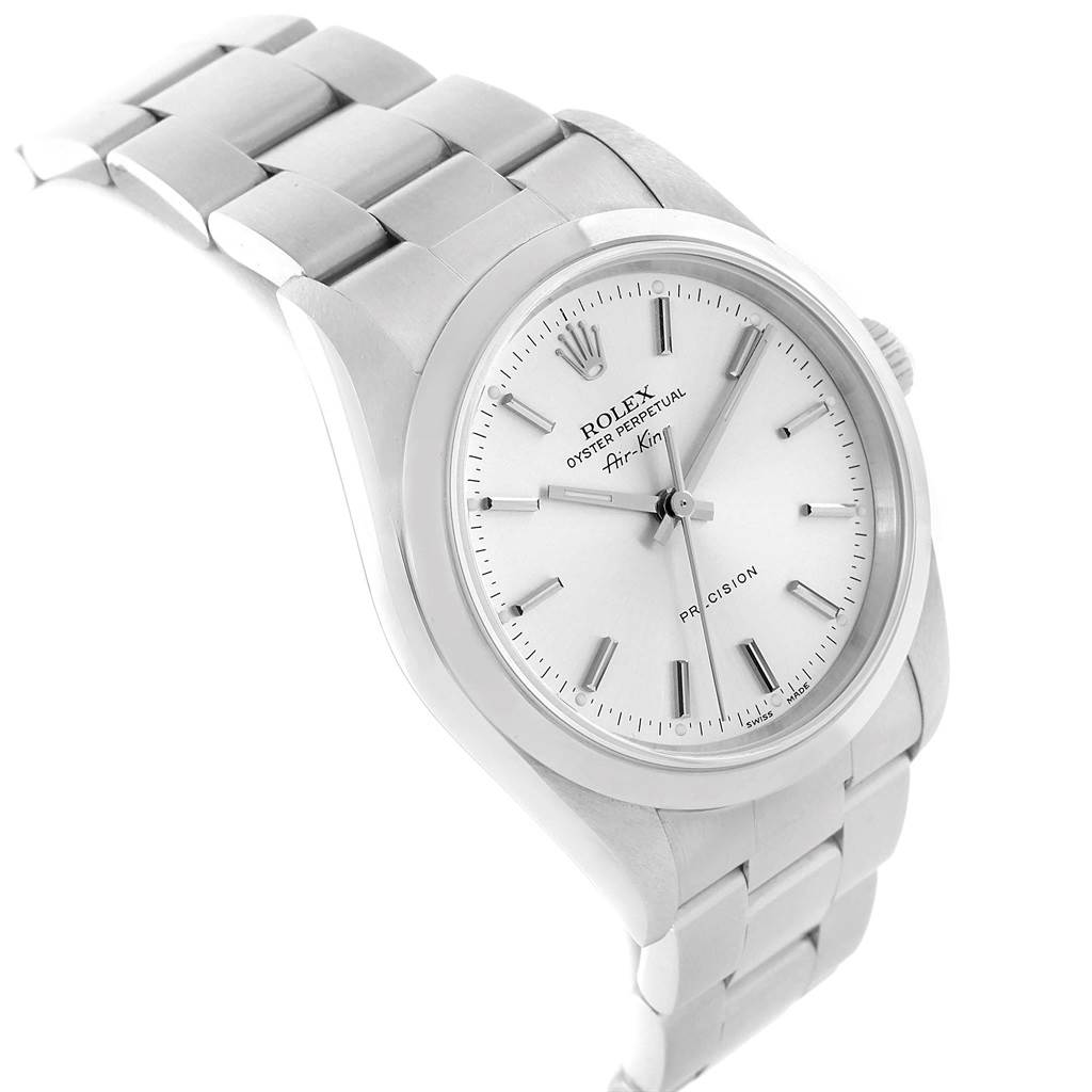 The image shows a Rolex Air-King 14000 Men's Stainless Steel Silver Dial 14000 Men's Stainless Steel Silver Dial watch at a tilted angle, highlighting its face, dial, and metal bracelet.