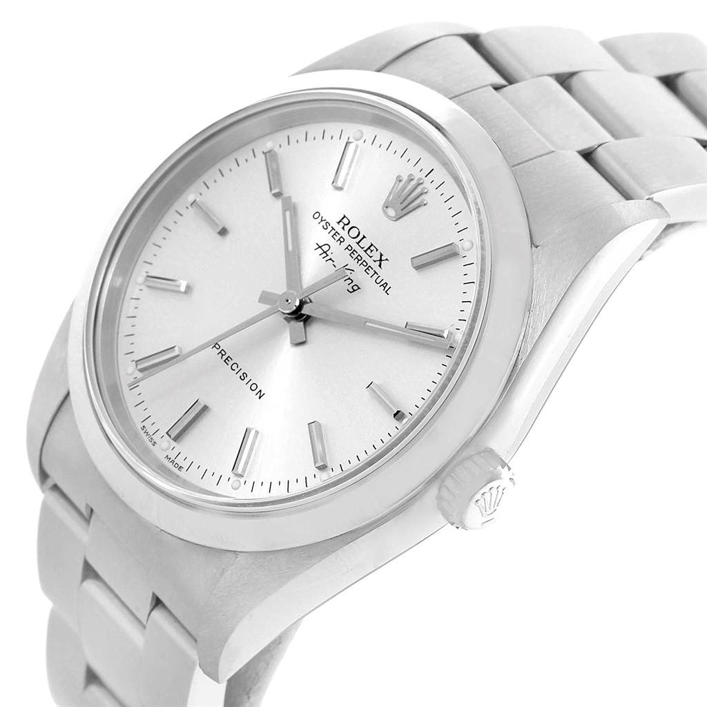 The image shows a Rolex Air-King 14000 Men's Stainless Steel Silver Dial 14000 Men's Stainless Steel Silver Dial watch viewed at an angle, displaying the dial, hour markers, crown, and part of the bracelet.