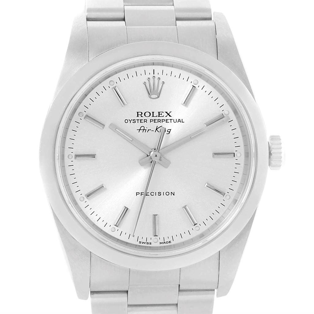 The image shows the face and part of the bracelet of a Rolex Air-King 14000 Men's Stainless Steel Silver Dial 14000 Men's Stainless Steel Silver Dial watch, viewed from the front.