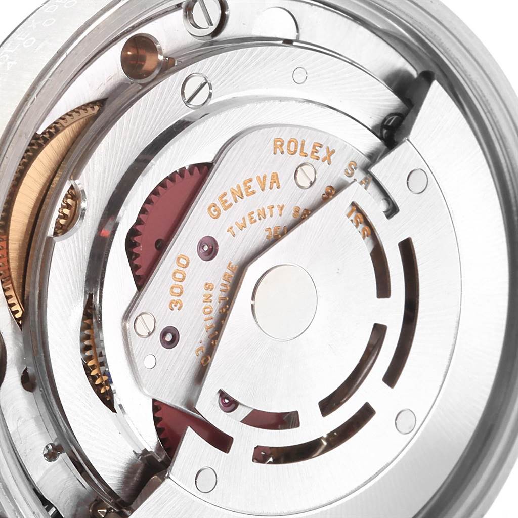 This is a close-up view of the movement mechanism of a Rolex Air-King 14000 Men's Stainless Steel Silver Dial 14000 Men's Stainless Steel Silver Dial watch, showcasing its intricate inner components.