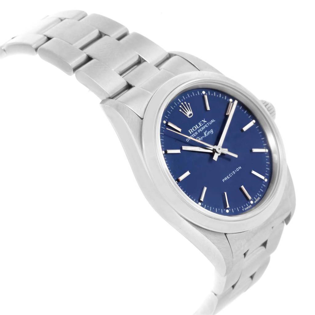 The image shows a side angle of the Rolex Air-King 14000 Men's Stainless Steel Blue Dial 14000 Men's Stainless Steel Blue Dial watch, displaying the bracelet, case, and dial.