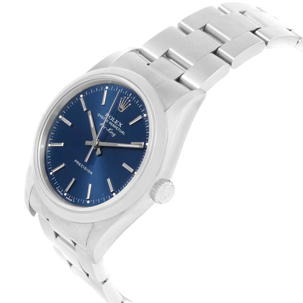 The image shows a side-angle view of the Rolex Air-King 14000 Men's Stainless Steel Blue Dial 14000 Men's Stainless Steel Blue Dial watch, displaying the face, bezel, case, and bracelet.