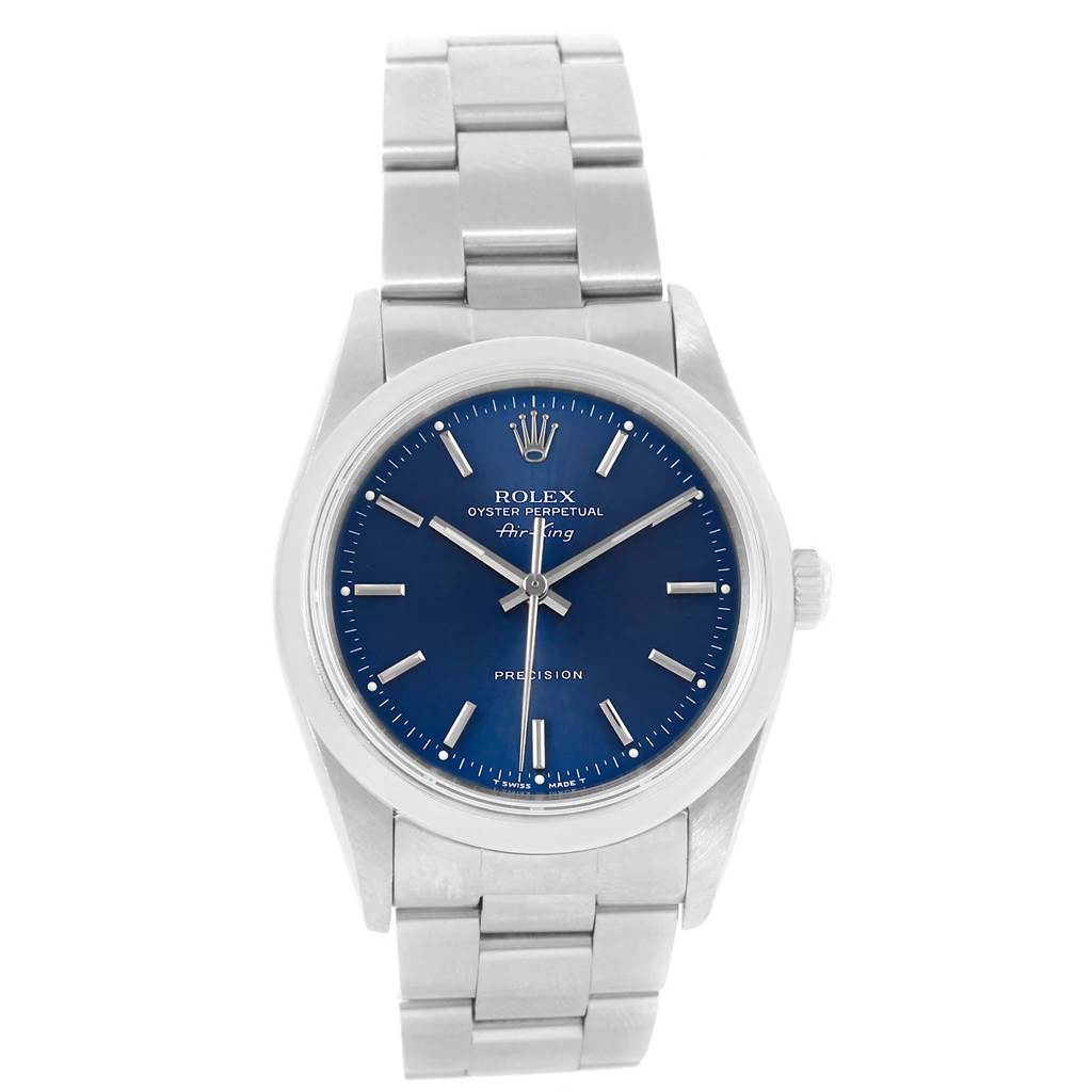 The image shows a front view of the Rolex Air-King 14000 Men's Stainless Steel Blue Dial 14000 Men's Stainless Steel Blue Dial watch, displaying its blue dial, hands, markers, and stainless steel bracelet.