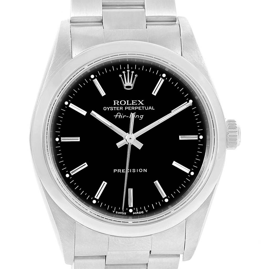 Close-up of the Rolex Air-King 14000 Men's Stainless Steel Black Dial 14000 Men's Stainless Steel Black Dial watch showing the face, bezel, crown, and part of the bracelet from a front angle.